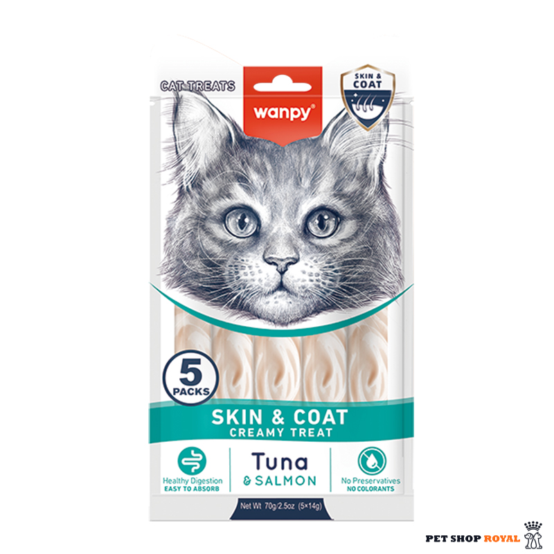 بستنی درمانی گربه ونپی حافظ سلامت پوست و مو با طعم ماهی تن و سالمون Wanpy Skin & Coat Creamy Treat بسته 5 عددی