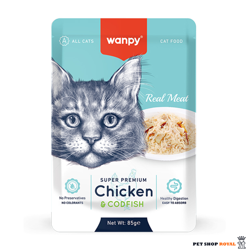 پوچ گربه ونپی با طعم مرغ و ماهی کاد Wanpy super premium chicken & codfish وزن ۸۵ گرم